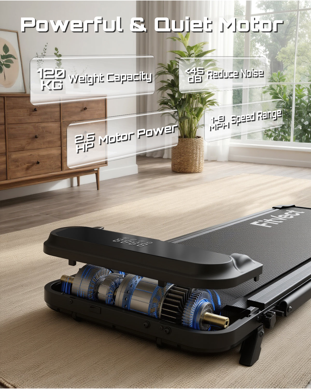 Tapis roulant avec détails du moteur dans un environnement domestique