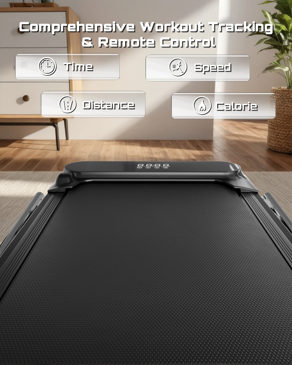 Tapis roulant avec fonctions de suivi d'entraînement affichées sur un écran