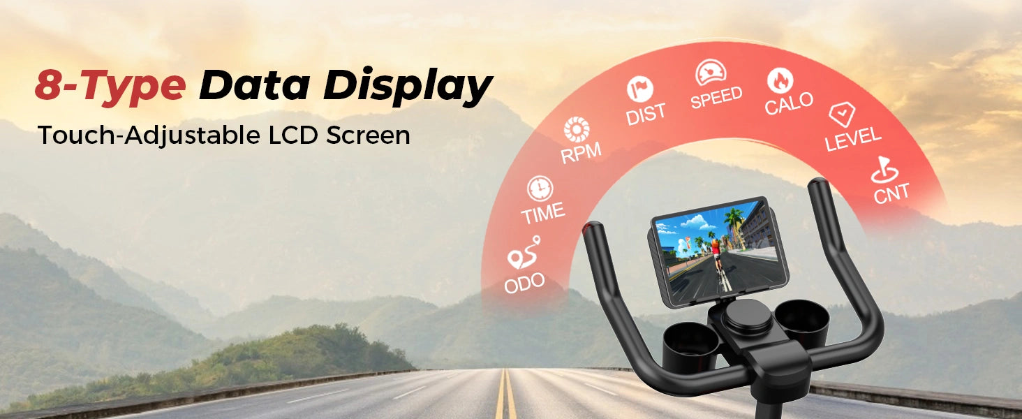 Vélo de fitness avec affichage numérique et fond de route de montagne