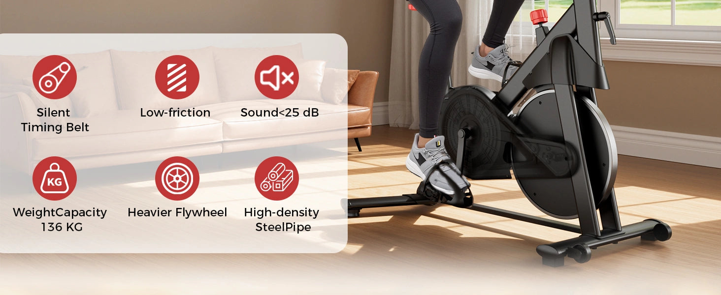 Vélo d'exercice dont les caractéristiques sont mises en évidence sur un fond blanc