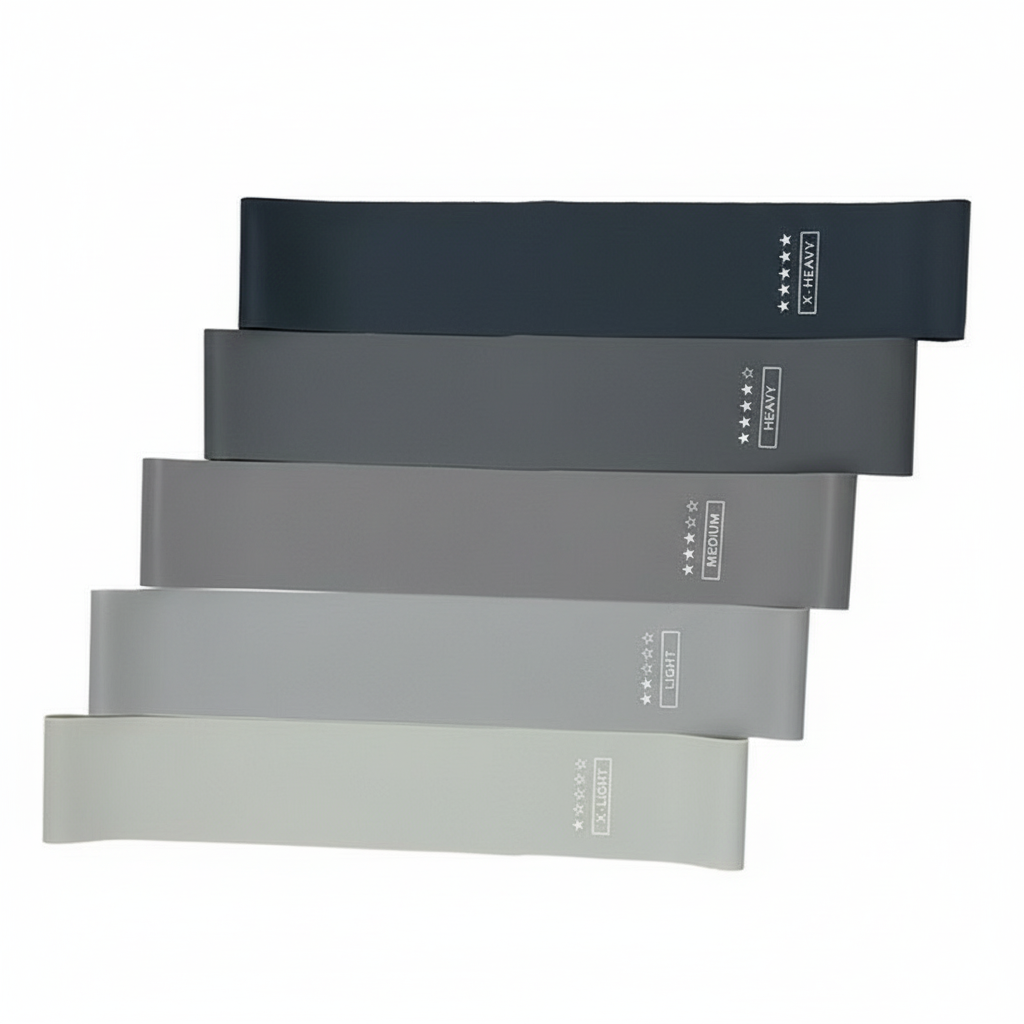 Set aus 5 schwarzen, grauen und weißen Widerstandsbändern auf weißem Hintergrund