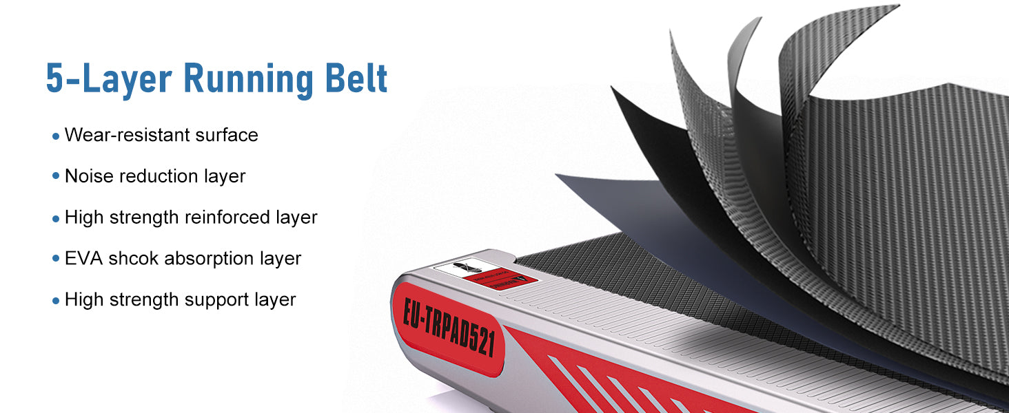 Tapis de course avec une bande de roulement à 5 couches et un texte détaillant ses caractéristiques sur fond blanc.