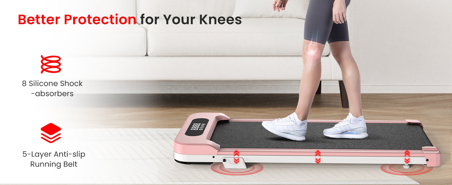 Eine Person benutzt ein Heimtrainingsgerät mit einem Text über Knieschutz und Produktmerkmale.