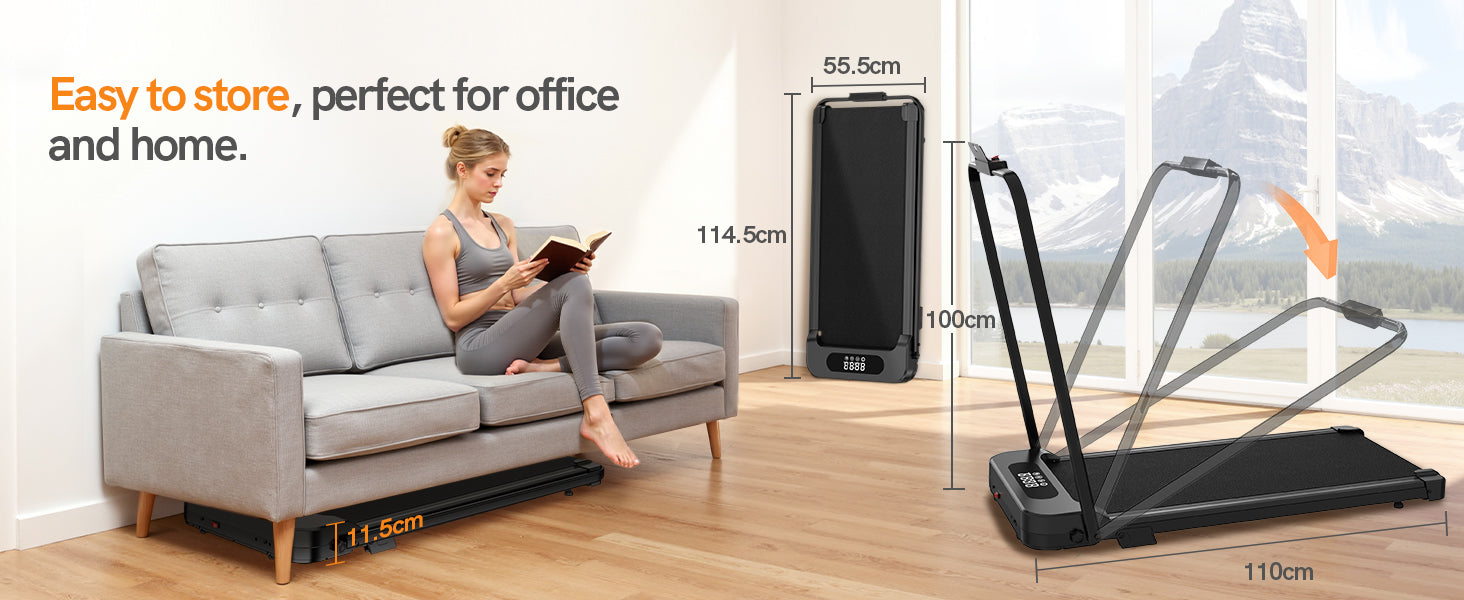 Frau liest auf einem Sofa, daneben steht ein Laufband, dessen Abmessungen verdeutlicht werden.