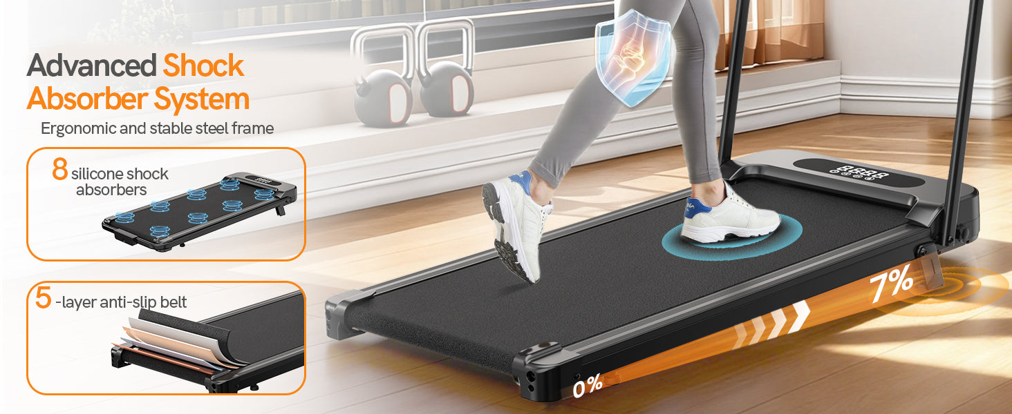 Person, die ein tragbares Laufband benutzt, wobei Funktionen auf dem Bildschirm hervorgehoben werden.