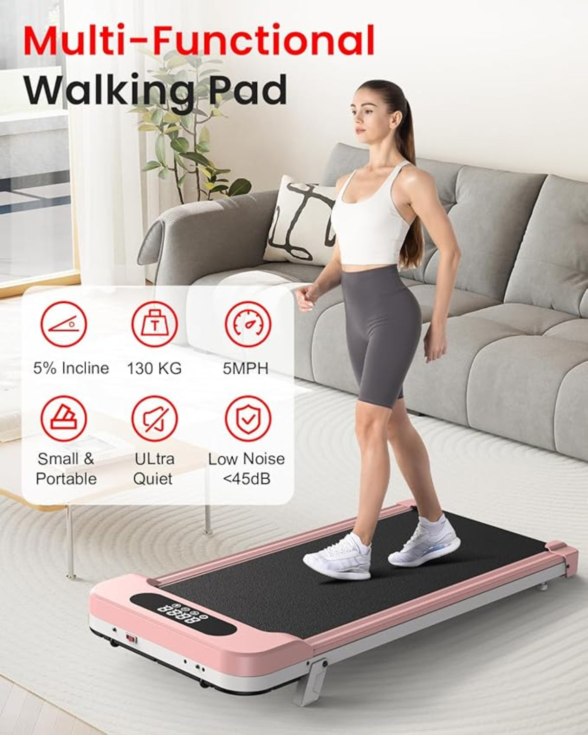 Frau benutzt ein pinkfarbenes, multifunktionales Gehpad im Wohnzimmer.