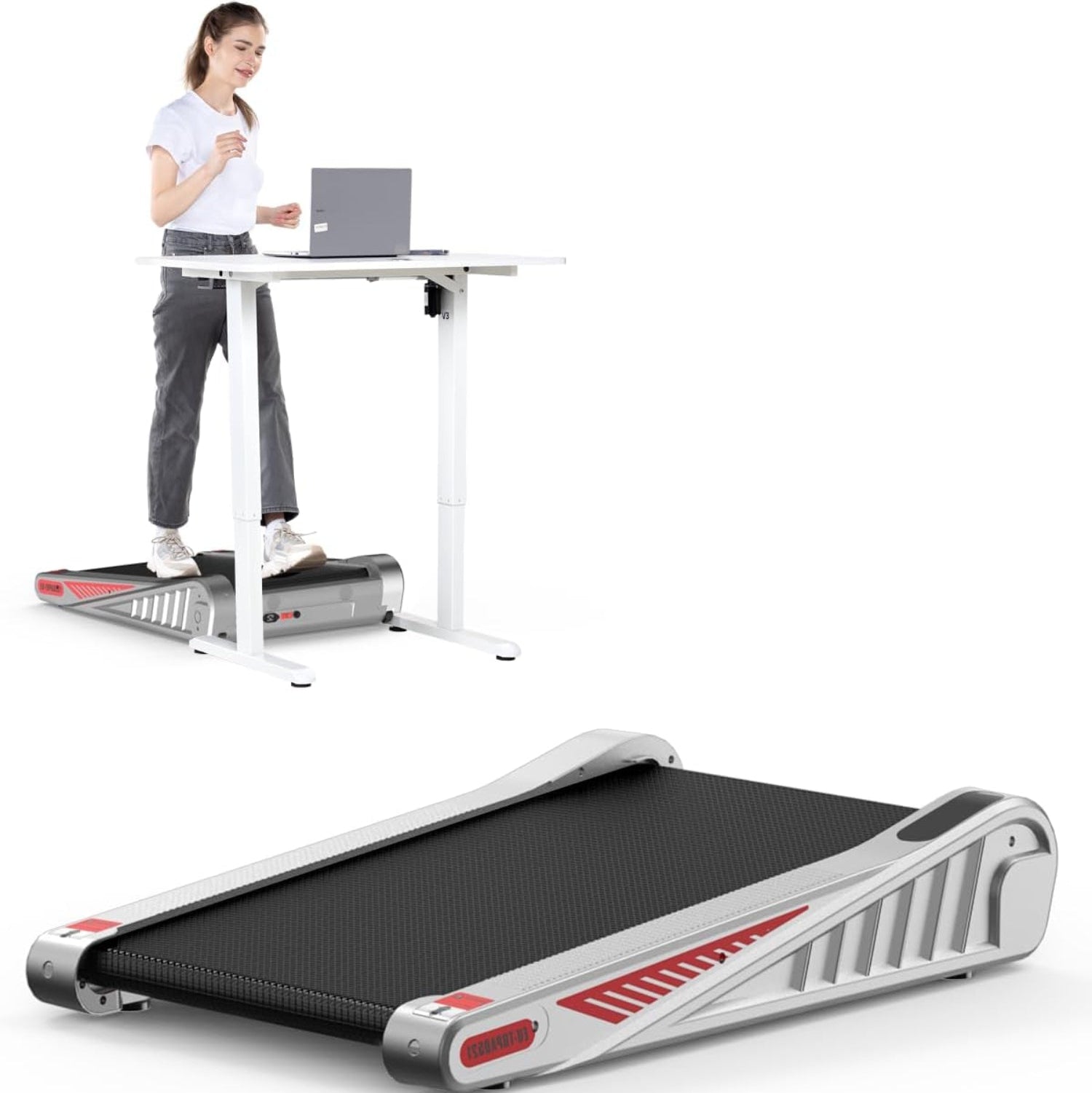 Personne utilisant un bureau avec tapis roulant et ordinateur portable sur fond blanc