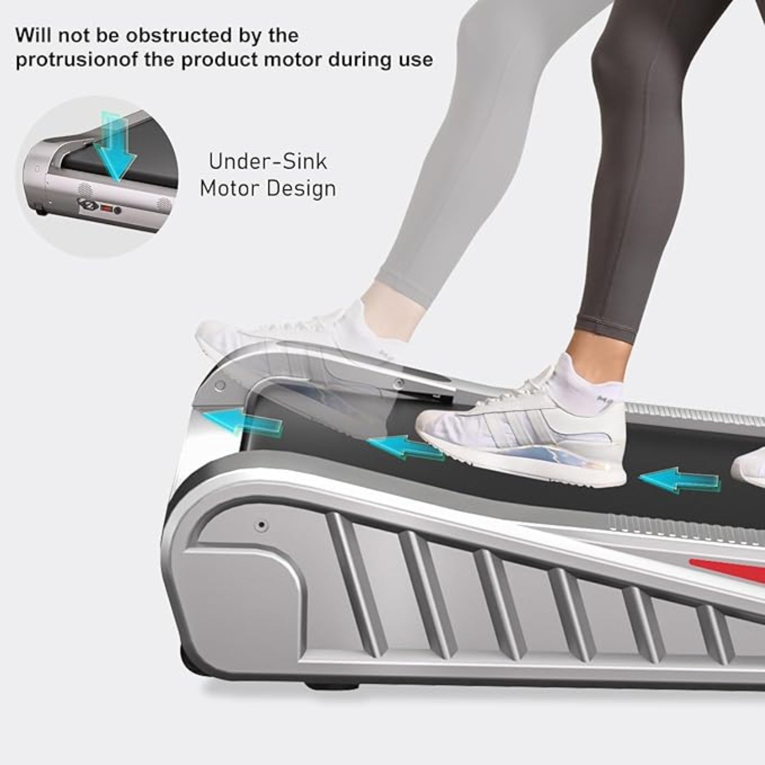 Personne utilisant un appareil de marche portable avec mise en évidence du texte concernant la conception du moteur sous l'évier.