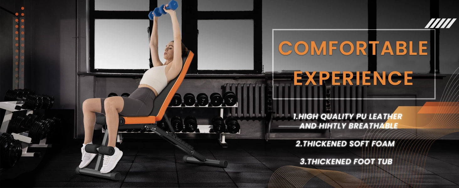 Une femme fait de l'exercice sur un banc de musculation, avec des appareils de fitness en arrière-plan.