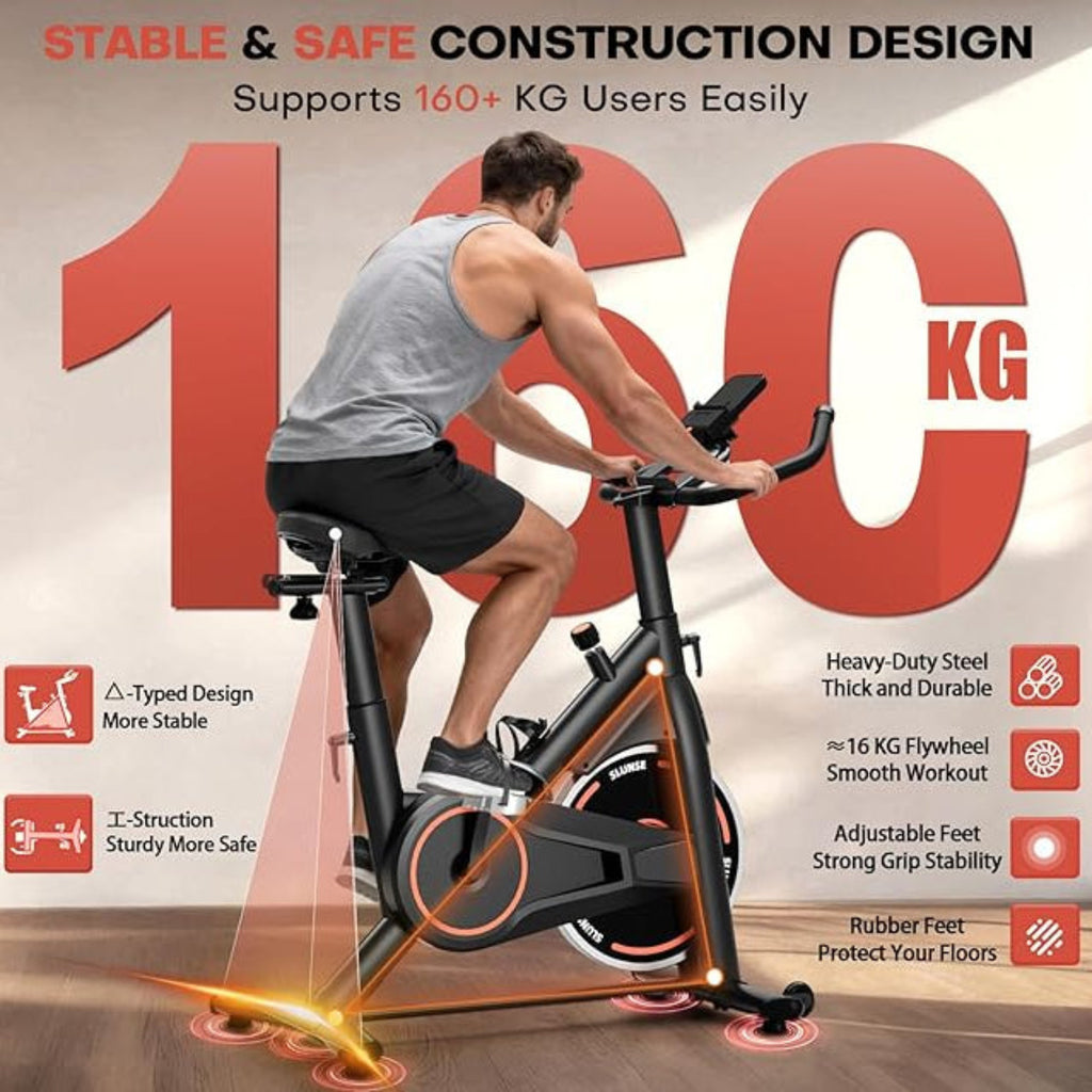 Eine Person benutzt ein stationäres Fahrrad; im Text werden dessen Funktionen und die maximale Belastbarkeit hervorgehoben.