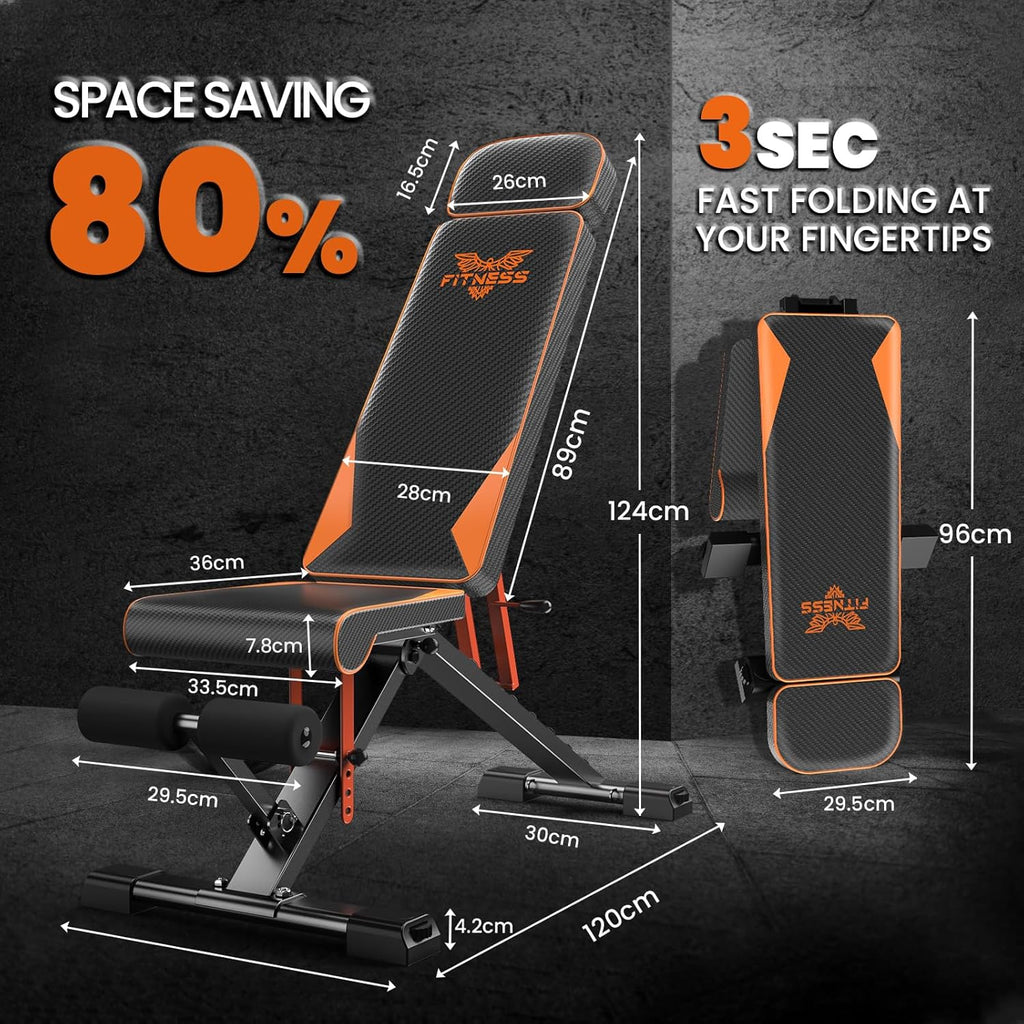 Platzsparende, verstellbare Fitnessbank mit Maßangaben und Klappfunktionsdetails auf dunklem Hintergrund